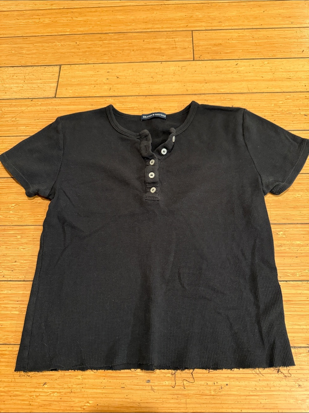 Brandy Melville Black Short Sleeve Henley Ribbed Top